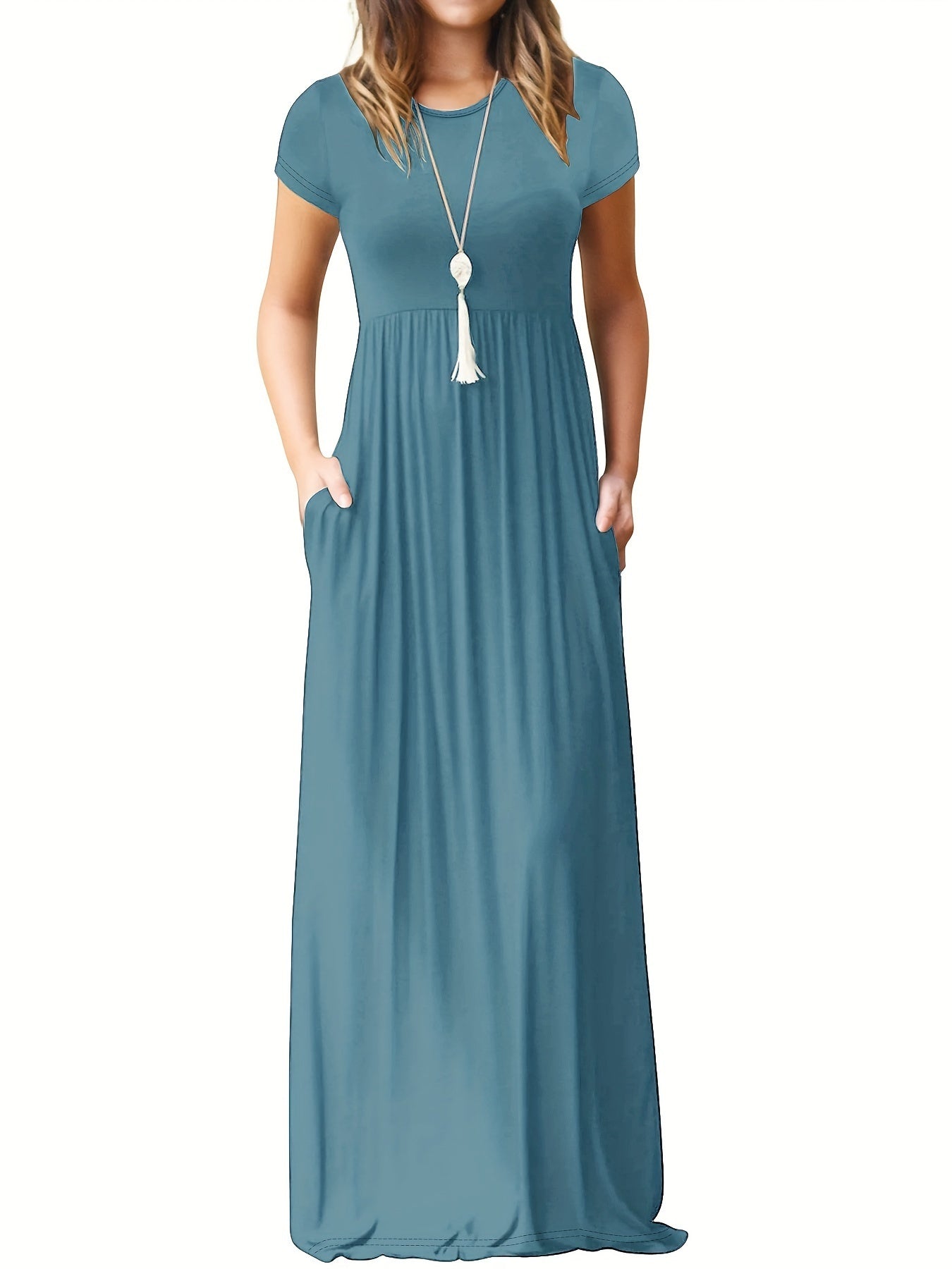 🔥Last day promotion!🔥Solid color pocket long dress, casual short-sleeved crew neck dress