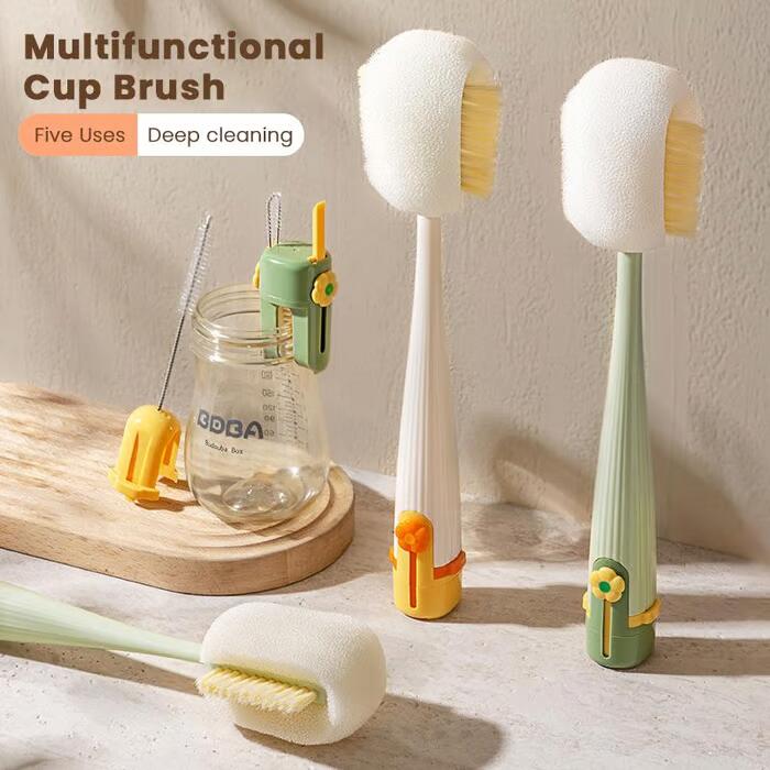 5-in-1 Bottle Cleaning Brush (Multifunctional)-Cream White [1 pack] + 3 replacement heads